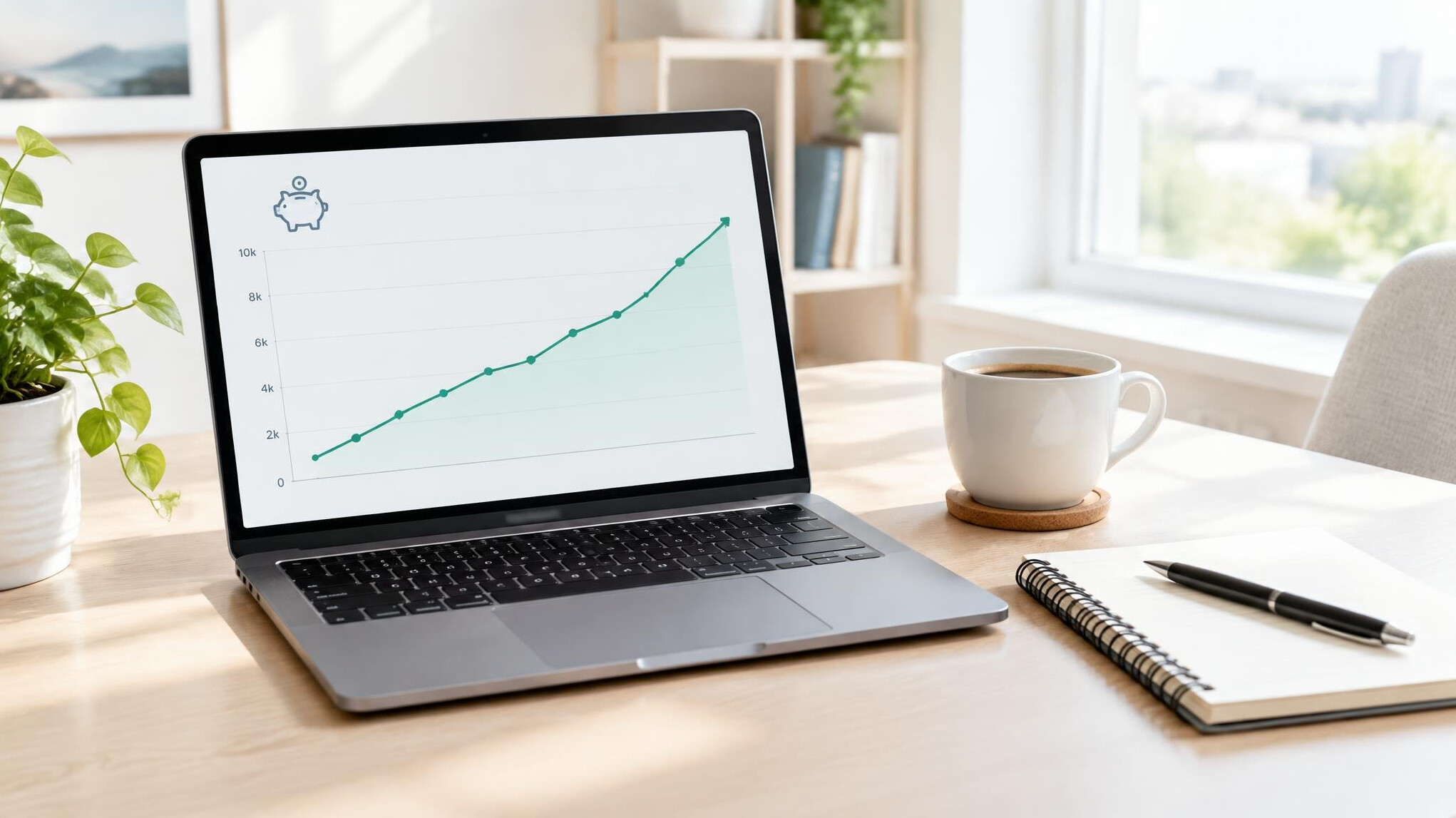 Laptop showing a savings chart on a bright desk