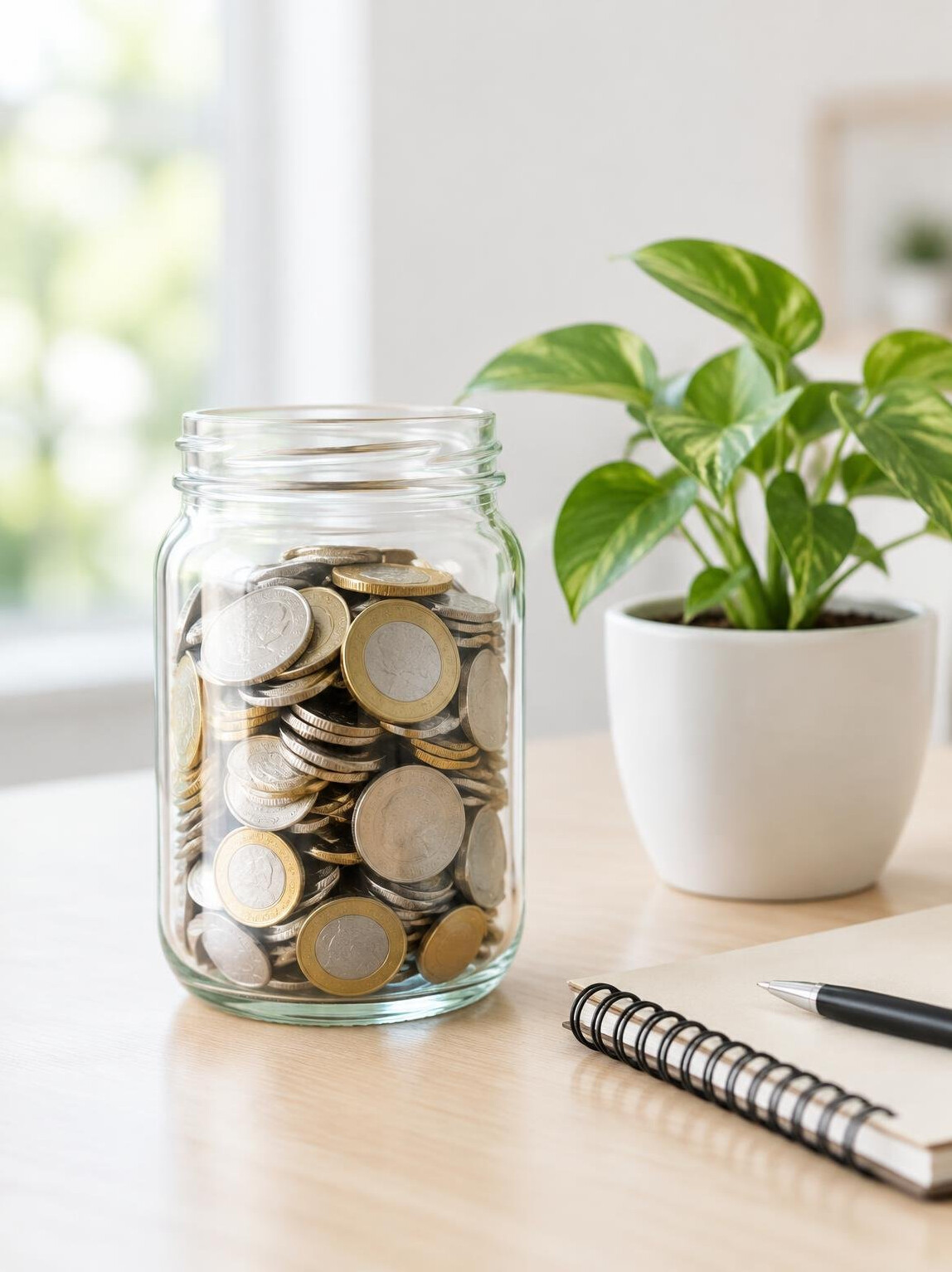 Glass jar with coins and a small plant