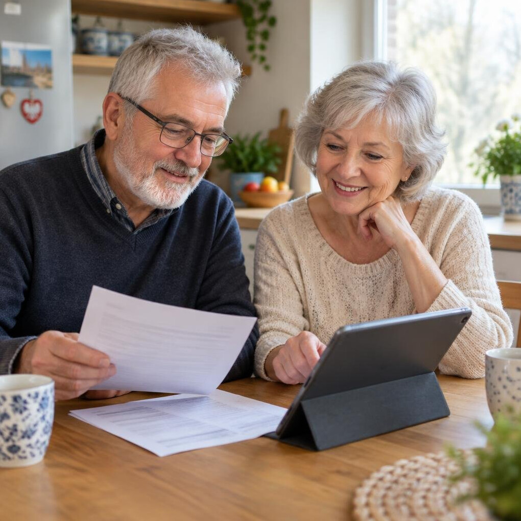 Senior couple reviewing documents at home