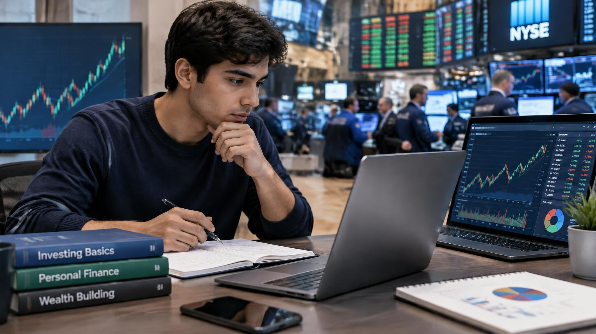 young investor studying market