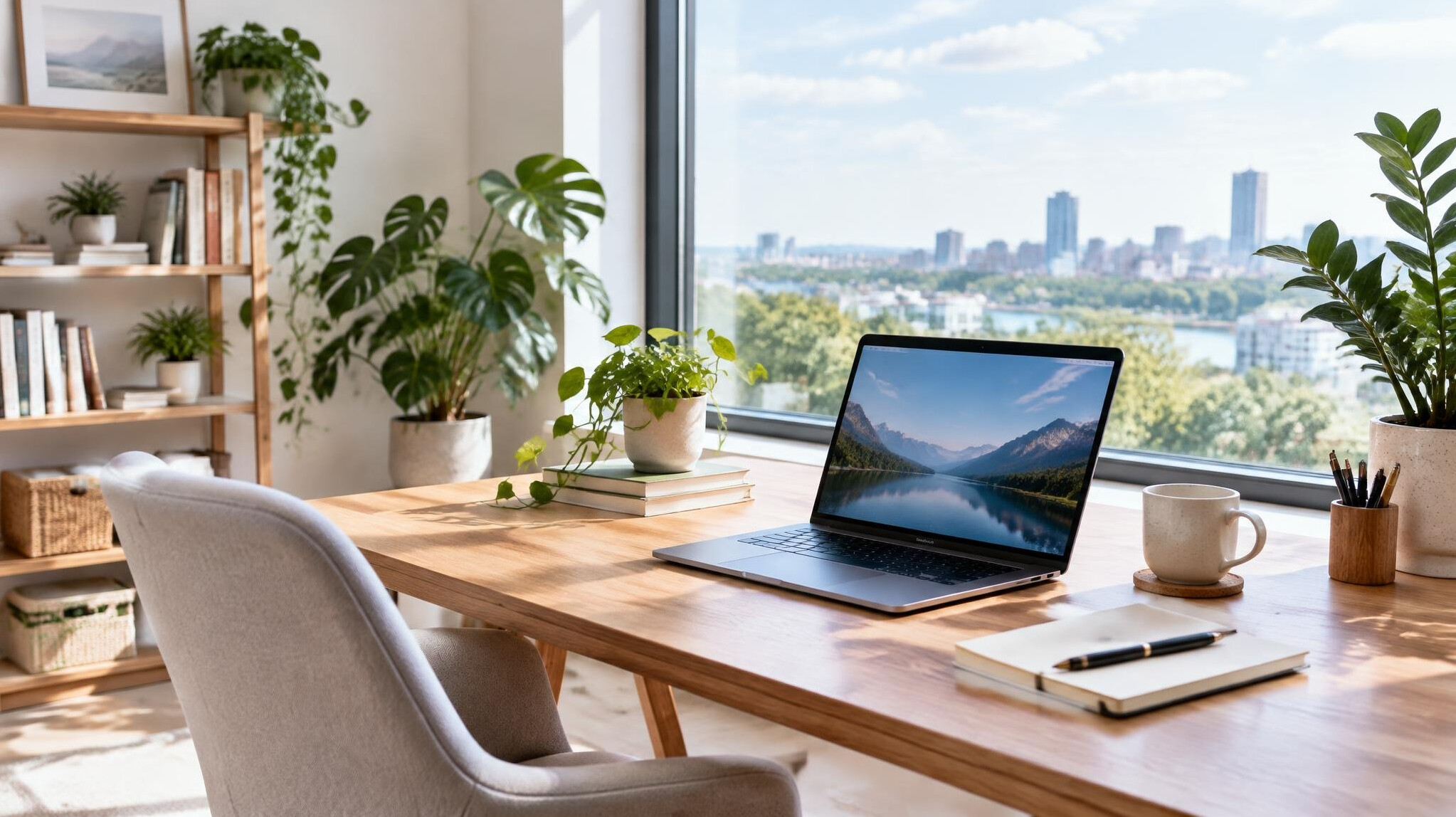 Bright modern workspace with plants and a large window