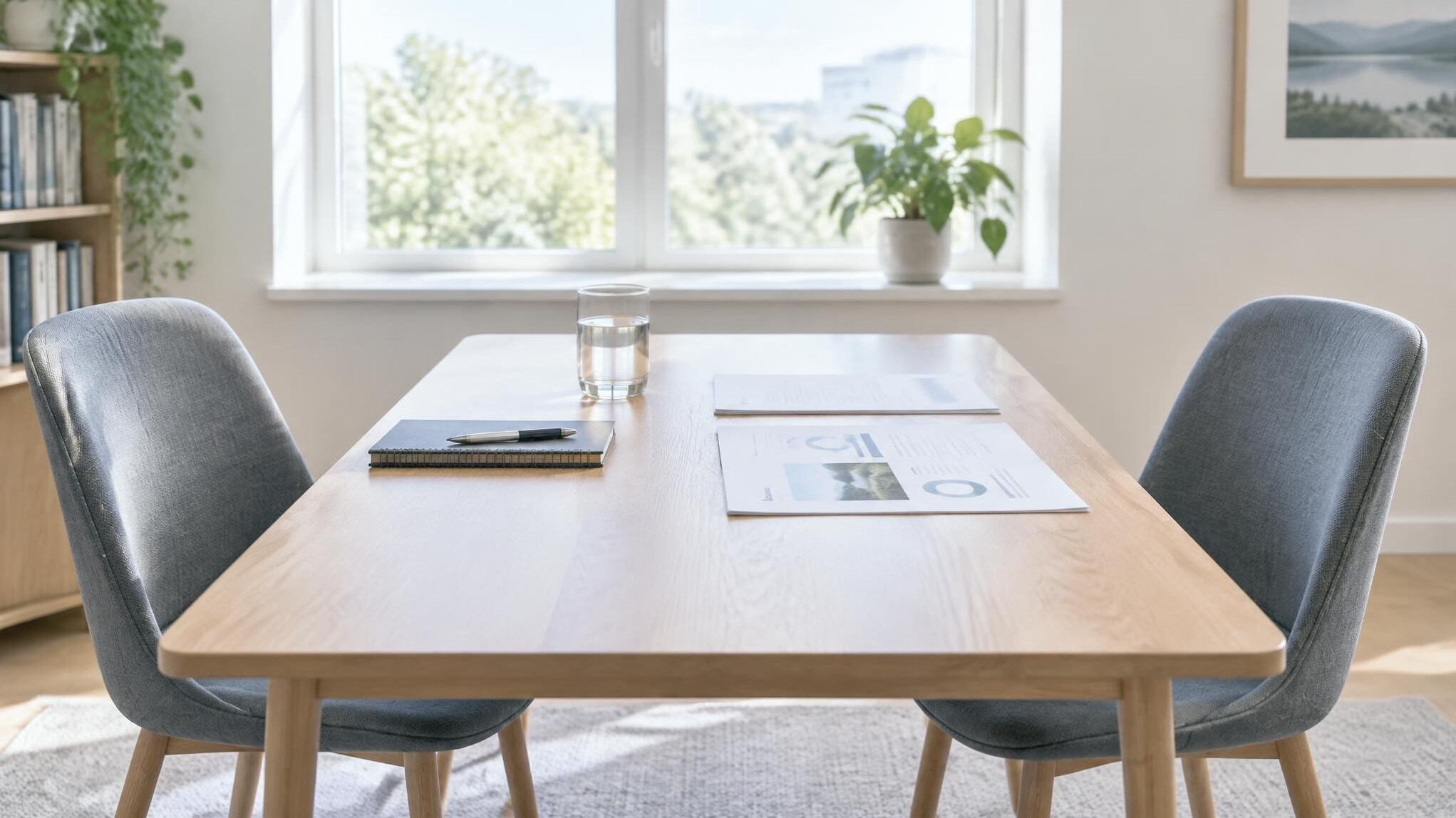 Consultation table with notebook, documents and two chairs