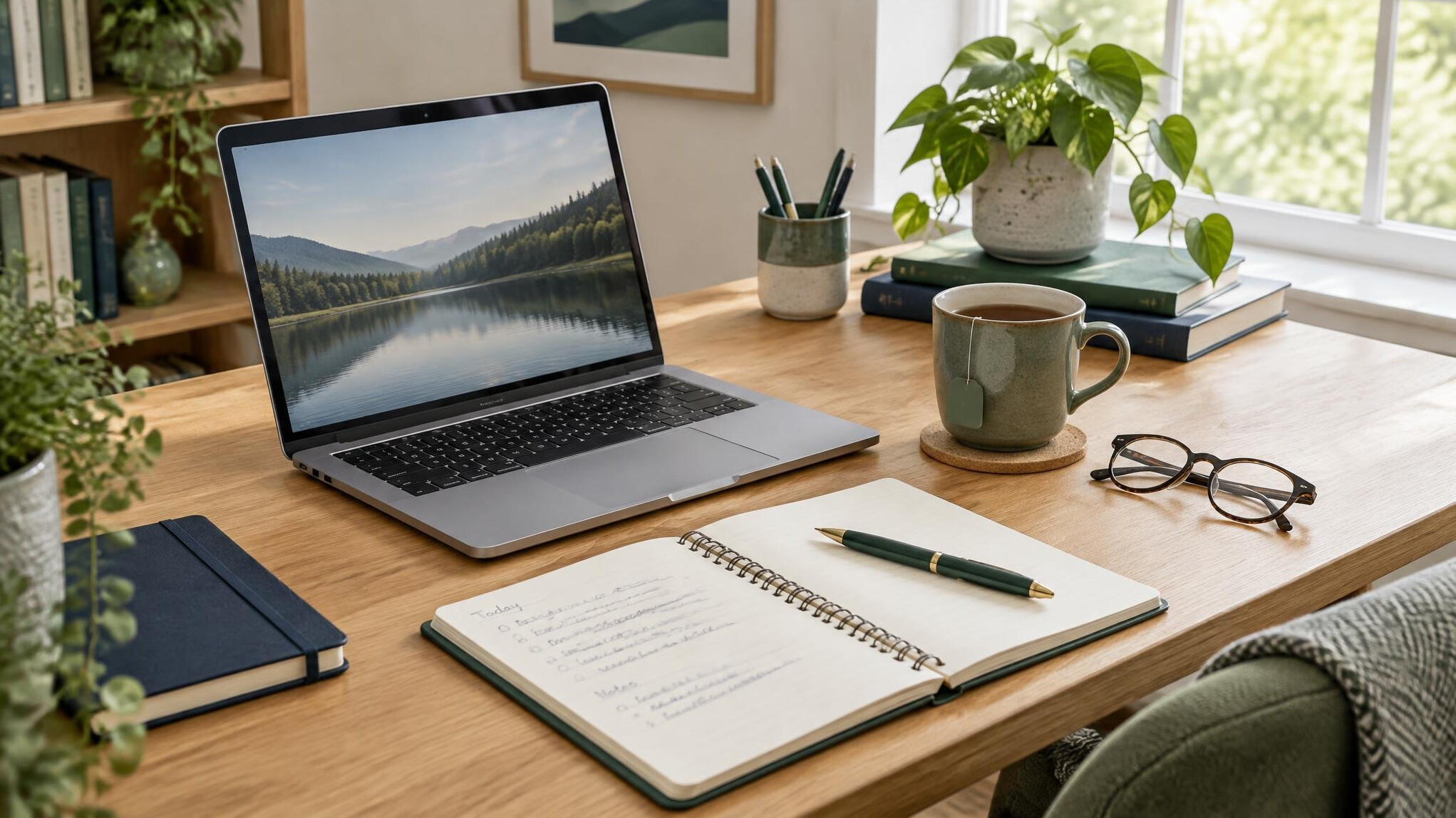 Open laptop with notebook and coffee on a desk