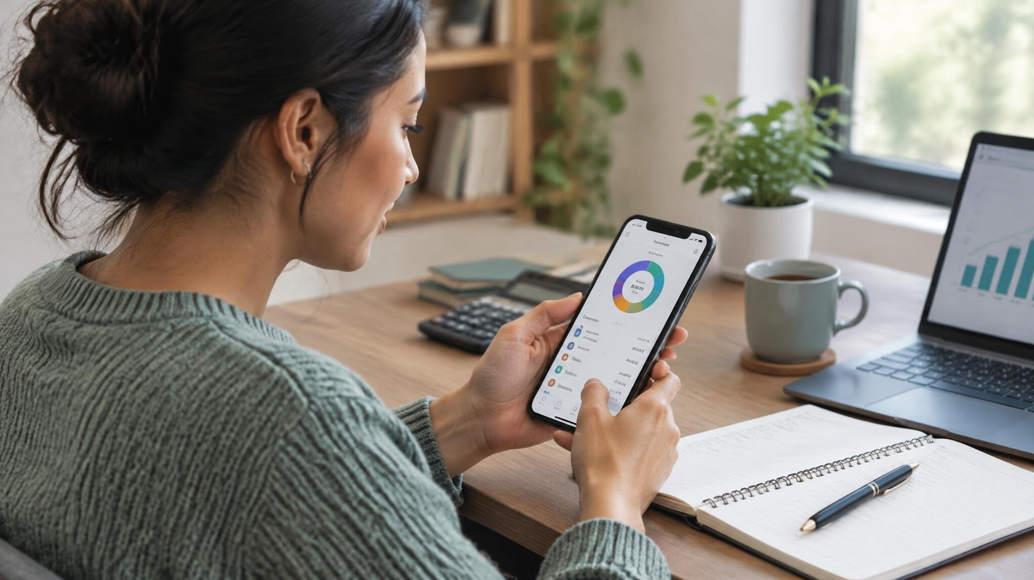 woman reviewing expenses on smartphone