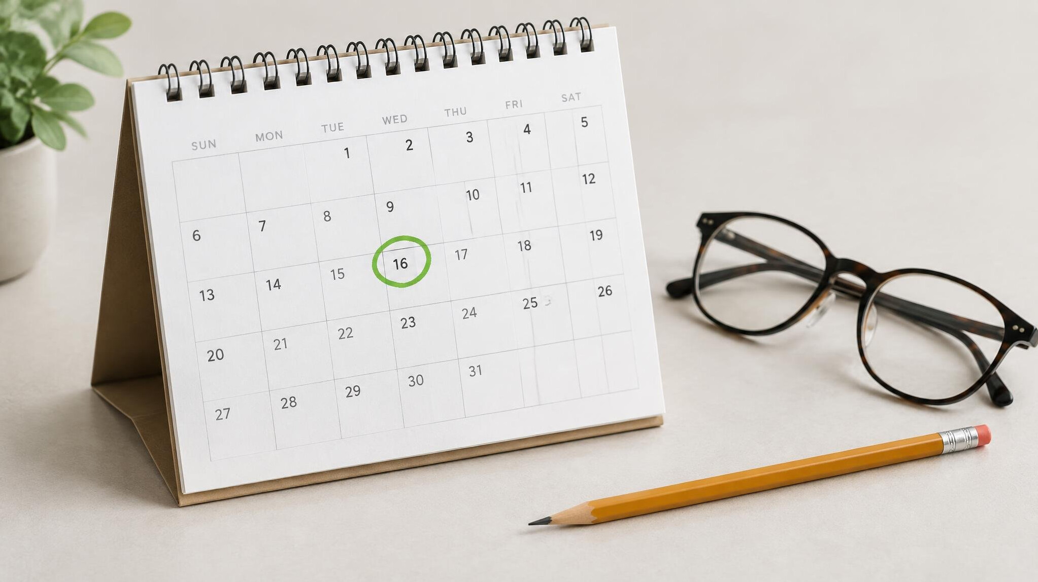 Desk calendar with a highlighted date and eyeglasses